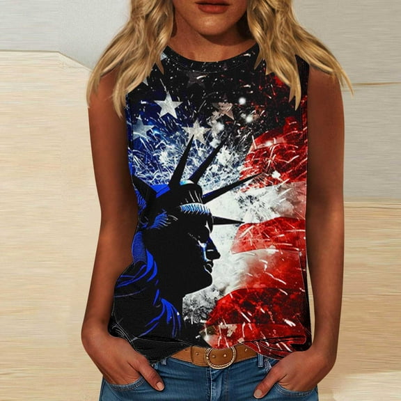 Frostluinai Women's Cheap 4th of July Tanks Vintage Sleeveless Tanks Crew Neck American Flag Shirts Plus Size Loose Fit Tanks