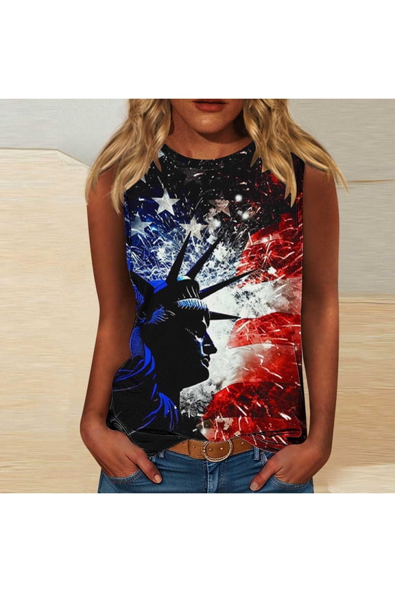 Women's Cheap 4th of July Tanks Vintage Sleeveless Tanks Crew Neck American Flag Shirts Plus Size Loose Fit Tanks