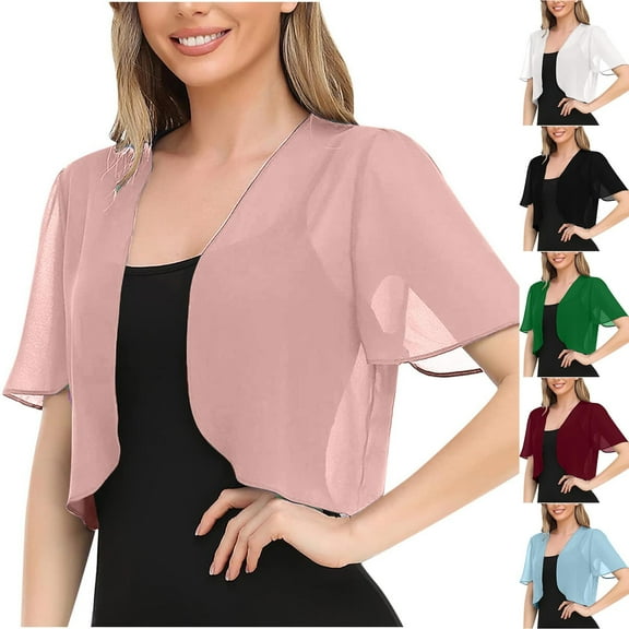 Frostluinai Women’s Chiffon Shrug Short Sleeve Bolero Cardigan Open Front Beach Cover Up Solid Wedding Guest Shrug Flowy Crop Boleros