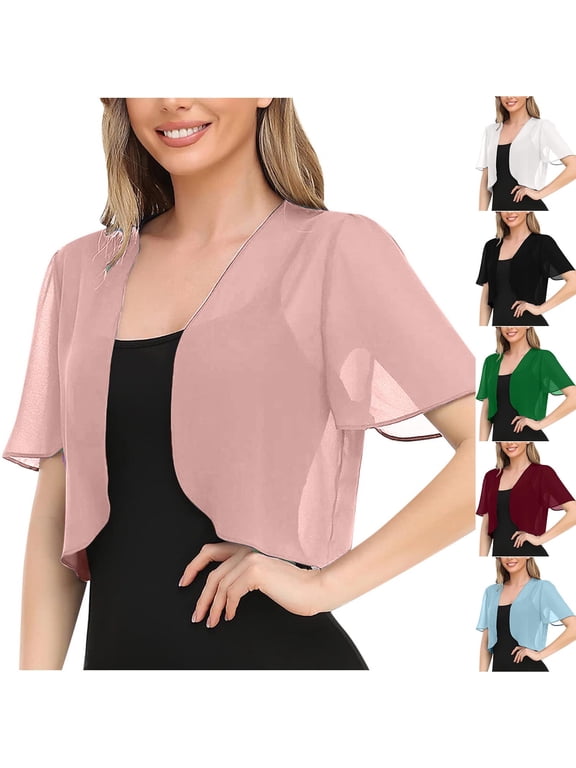Women’s Chiffon Shrug Short Sleeve Bolero Cardigan Open Front Beach Cover Up Solid Wedding Guest Shrug Flowy Crop Boleros