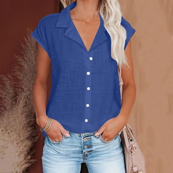 Frostluinai Women's Cotton Linen Button Down Shirts Cap Sleeve Notched Collar Blouses Solid Casual Dressy Blouses Plus Size Elegant Tops