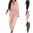 thumbnail image 1 of Frostluinai Women's Cotton Linen Jumpsuits V-Neck Button Up Long Sleeve Belted Waist Wide Leg Loose Casual Rompers with Pockets, 1 of 9