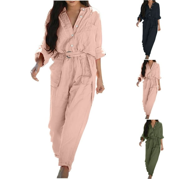 Frostluinai Women's Cotton Linen Jumpsuits V-Neck Button Up Long Sleeve Belted Waist Wide Leg Loose Casual Rompers with Pockets