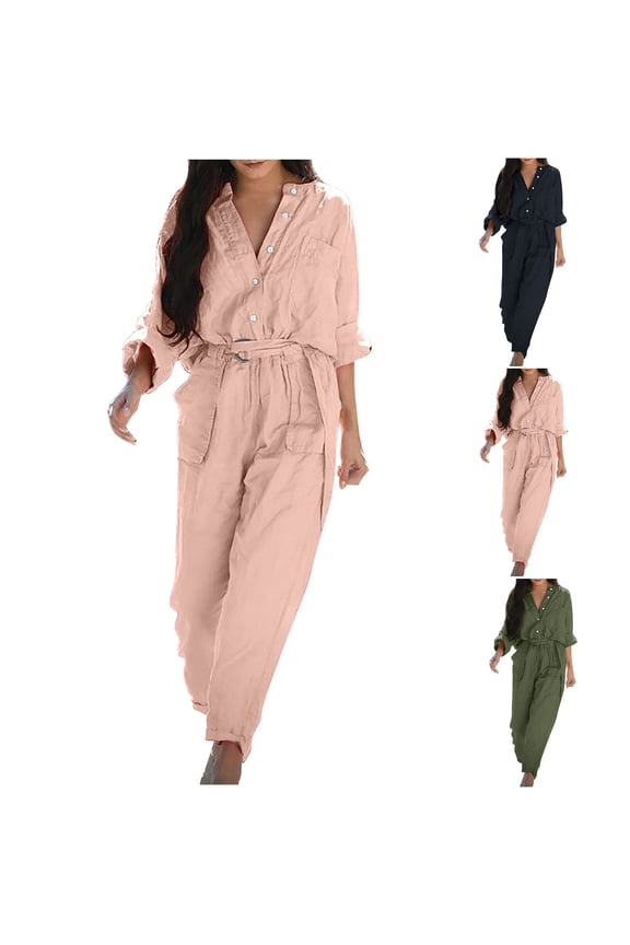 Women's Cotton Linen Jumpsuits V-Neck Button Up Long Sleeve Belted Waist Wide Leg Loose Casual Rompers with Pockets