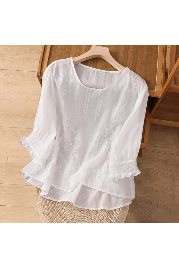 Women's Cotton Linen Tshirts 3/4 Sleeve Smocked Cuffs Shirts Crew Neck Floral Embroidery Blouses Solid Loose Fit Tops Gifts