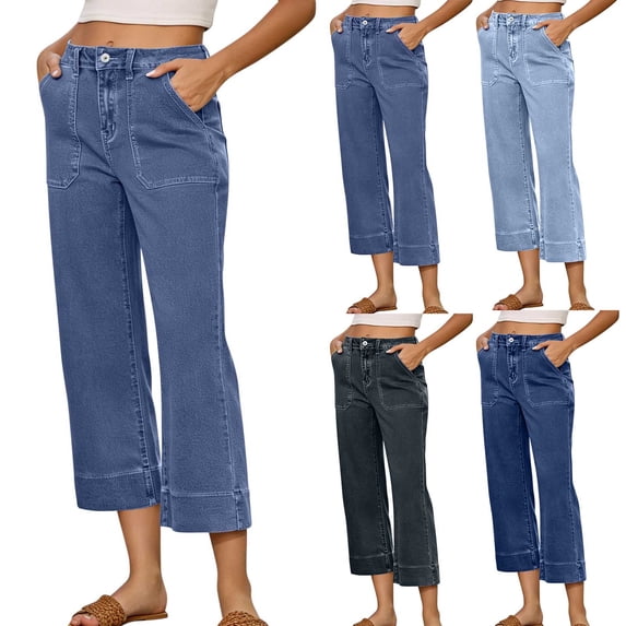 Frostluinai Women's Denim Capri Pants High Waist Baggy Straight Wide Leg Cropped Jeans Retro Denim Pants with Pocket Vaqueros DE Mujer
