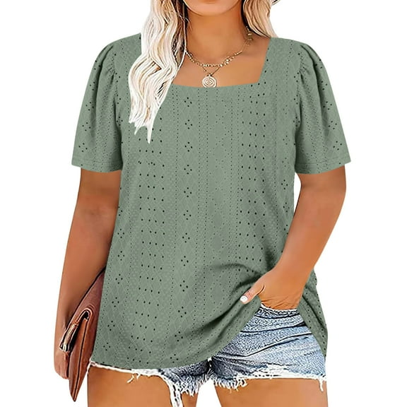 Frostluinai Women's Eyelet Embroidery Tops Plus Size Square Neck Shirts Puff Sleeve Loose T Shirts Casaul Dressy Party Shirts Solid Blouses