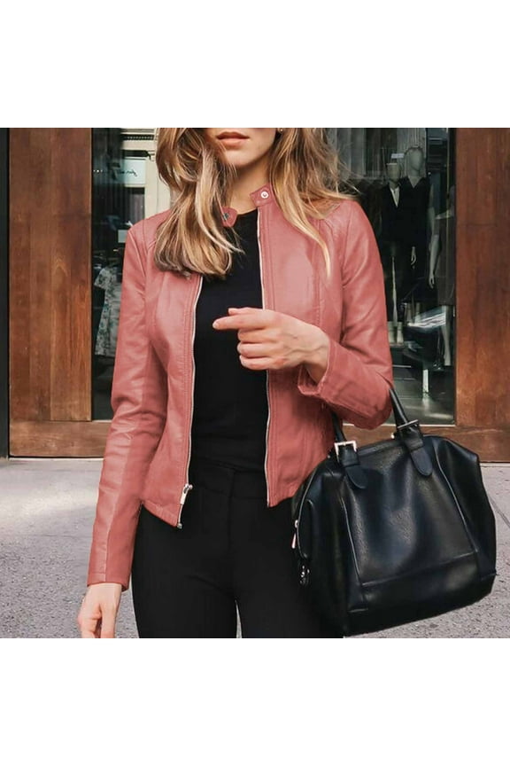 Women's Faux Leather Cropped Jackets Long Sleeve Zip Up Stand Collar Motocross PU Coats Vintage Solid Slim Motorcycle Jackets