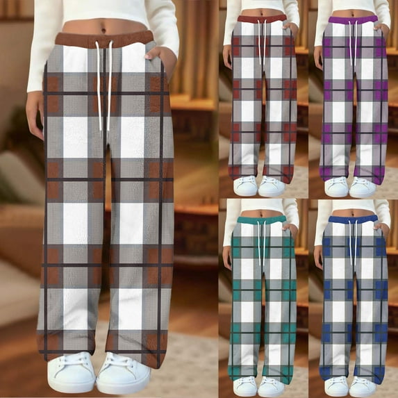 Frostluinai Women's Flannel Pajama Sleep Pant Soft Plaid Pjs Bottoms Elastic Waist Baggy Wide Leg Lounge Pants Soft Lounge Trouser with Pocket