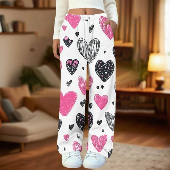 Frostluinai Women's Flannel Sleep Pants Fleece Lounge Pj Drawstring Pants Funny Love Graphic Warm Plush Night Pants with Pocket