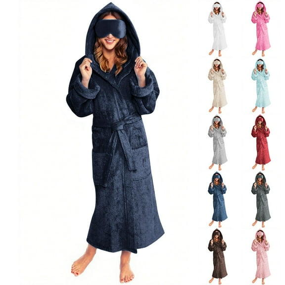 Frostluinai Women's Fleece Hooded Bathrobe with Eye Mask Plush Long Spa Robe Solid Warm Winter Flannel Bath Robes with Pocket 2 Psc