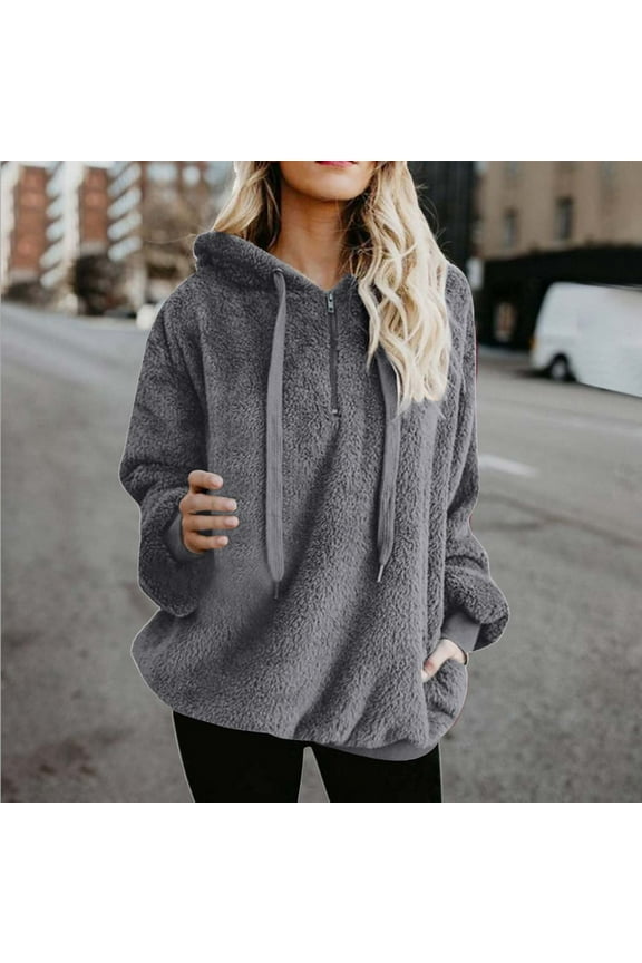 Women's Fuzzy Hoodies Sport Pullover Hoodie Half Zip Athletic Cozy Hooded Sweatshirt Fleece Hoodies Plus Size Solid Hoodies with Pocket