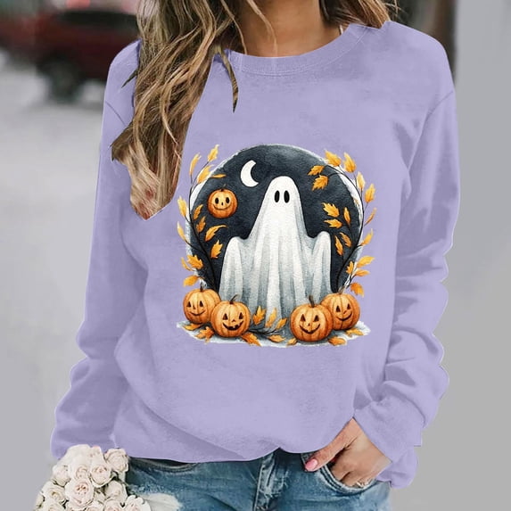 Frostluinai Women's Ghost Sweater Crweneck Sweatshirts Fall Holiday Pullover Top Halloween Long Sleeve Graphic Sweat Shirts