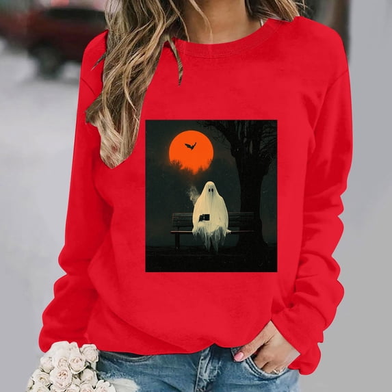 Frostluinai Women's Ghost Sweater Crweneck Sweatshirts Fall Holiday Pullover Top Halloween Long Sleeve Graphic Sweat Shirts