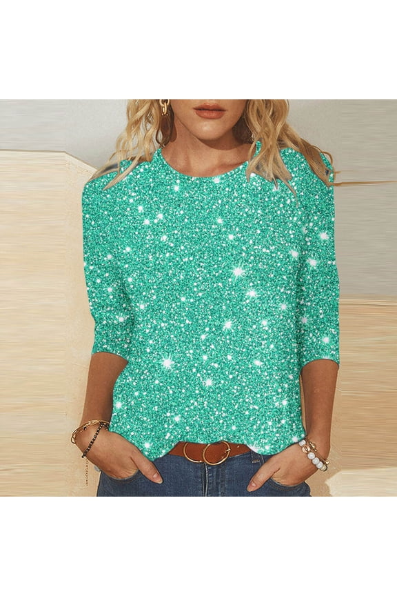 Women's Glitter Tops 3/4 Sleeve Sparkly Print Shirts Round Neck Casual Party Shirts Fashion Night Out Tees Gifts