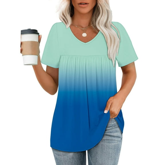 Frostluinai Women's Going Out Tops Short Sleeve Gradient Tunic Shirts V Neck Pleated T Shirts Flowy Summer Tees Loose Fit Blouses Gifts