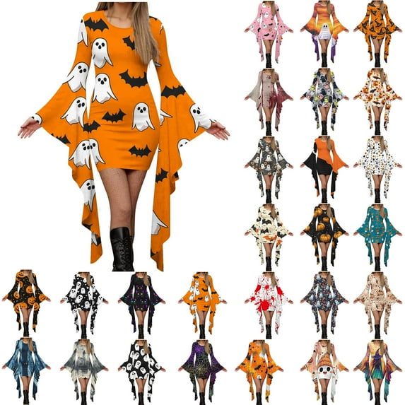 Frostluinai Women's Halloween Gothic Witch Party Bodycon Mini Dress Bell Long Sleeve Irregular Dress Funny Holiday Graphic Dress