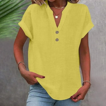 Wiyuqeen Women's Henley Shirts Cotton Linen Dressy Tops Short Sleeve Solid Color T Shirts Summer Loose Fit Tees Plus Size Shirts