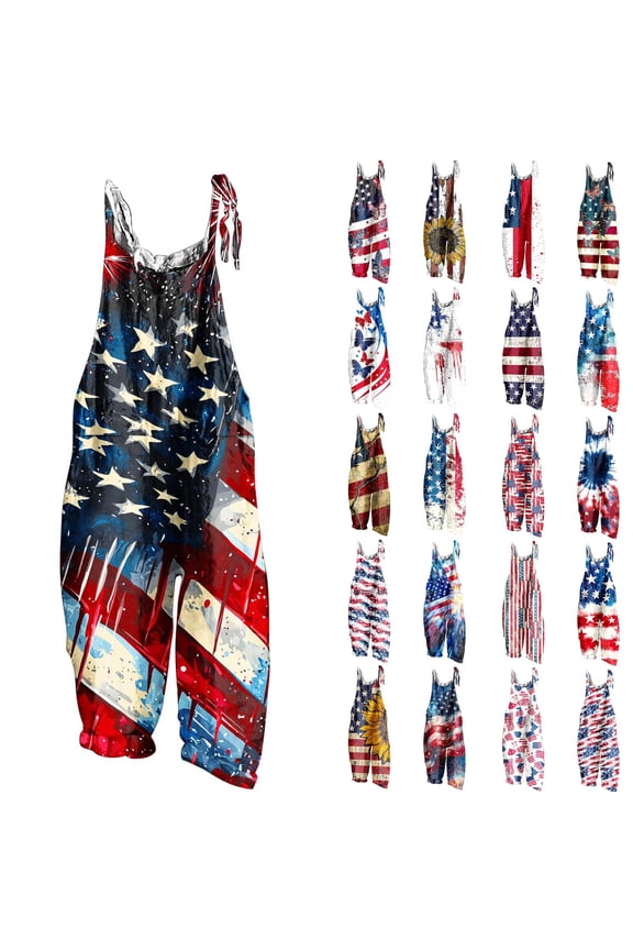 Women's Independence Day Overalls Sleeveless Lounge Linen Jumpsuits Vintage Stars Striped Graphic Wide Leg Rompers with Pocket