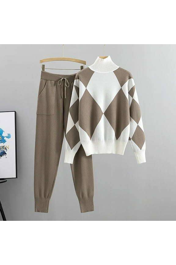 Women's Knit Sweater Sets 2 Piece High Neck Long Sleeve Checkered Pullover Knit Pants Color Block Lounge Sets Fall Tracksuits Sets
