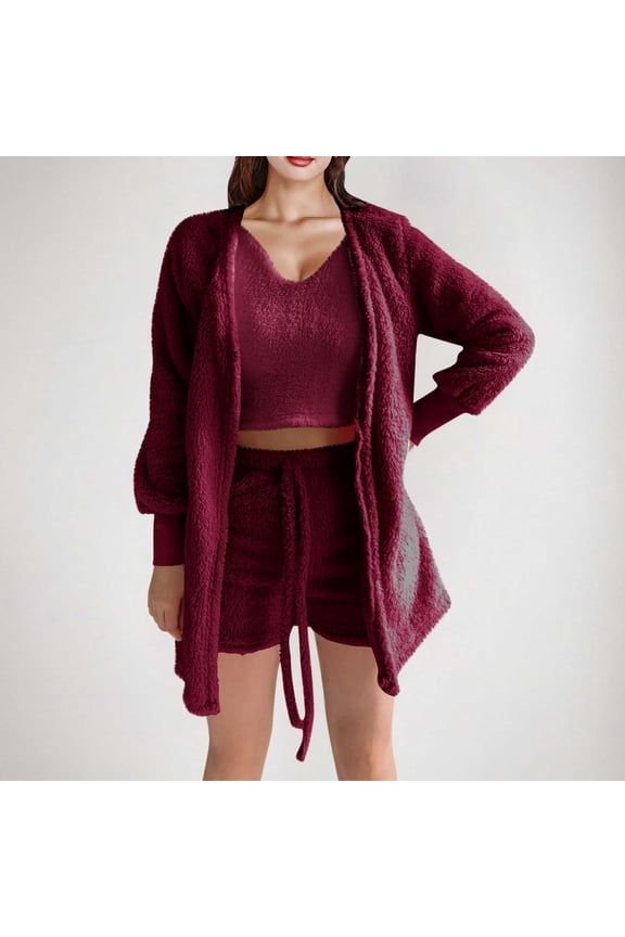 Women's Lounge 3 Piece Pajamas Outfit Fuzzy Fleece Warm Sherpa Coat Jacket Outwear Spaghetti Strap Crop Top Shorts Set Solid Sleepwear