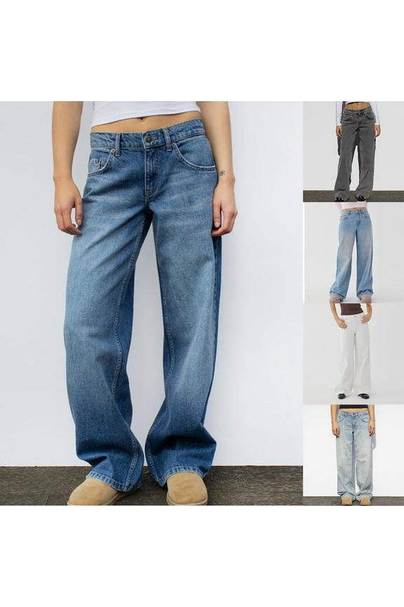 Women's Low Rise Baggy Jeans with Pocket Retro Dark Wash Straight Wide Leg Denim Pants Loose Boyfriends Jeans