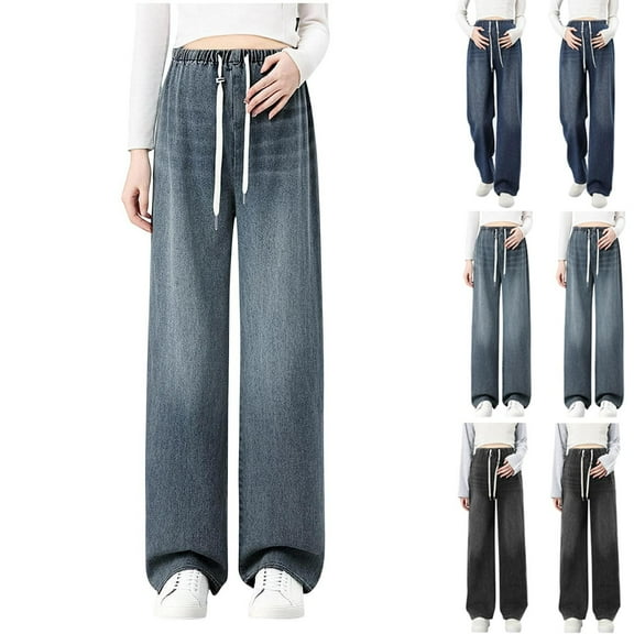 Frostluinai Women's Maternity Denim Pants Elastic Waist Drawstring Wide Leg Baggy Pregnancy Jeans Distressed Maternity Jeans with Pockets