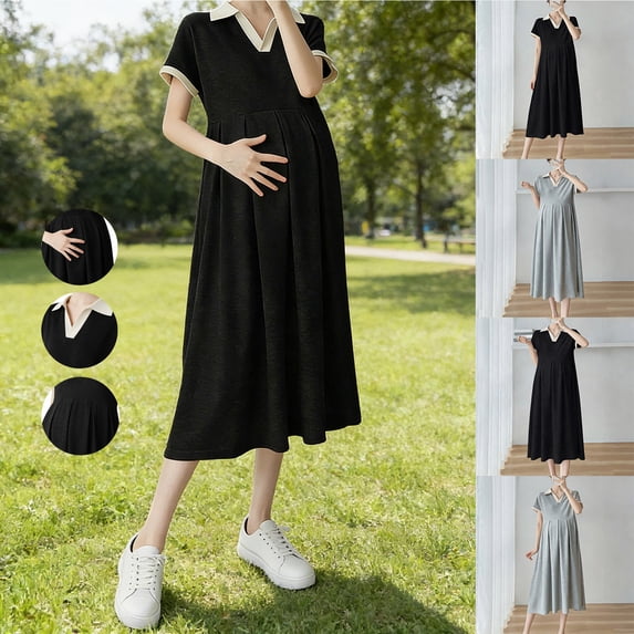 Frostluinai Women's Maternity Dress V Neck Collar Spring Summer Work Short Sleeve A Line Midi Dress Casual Loose Pregnancy Dresses Gray XXL