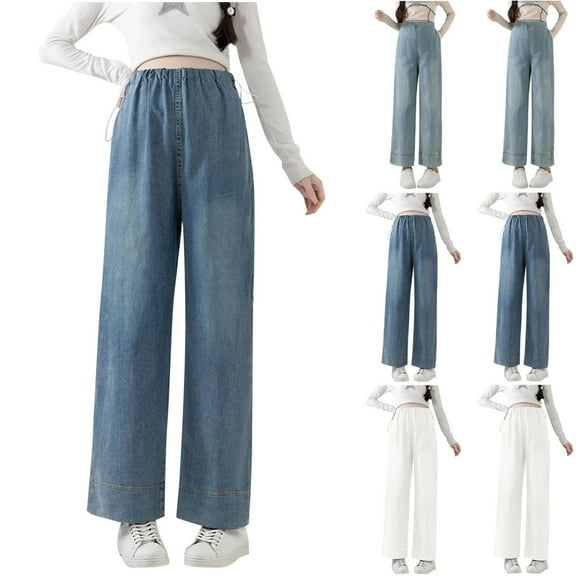 Frostluinai Women's Maternity Jeans Mid-Rise Straight Leg Loose Fit Denim Pants Retro Lounge Wide Leg Pregnancy Pants with Pocket