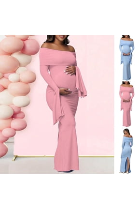 Women's Maternity Long Sleeve off Shoulder Pregnancy Photography Dress Stretch Gown for Baby Shower Photoshoot Party Blue M