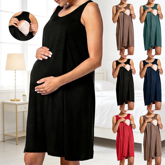 Frostluinai Women's Maternity Nursing Dress Sleeveless Round Neck Breastfeeding Clothes Solid Pleated Knee Length Tank Dresses Nightgown Coffee S
