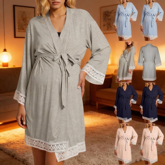 Frostluinai Women's Maternity Nursing Robe Pregnancy Breastfeeding Bathrobes 3 in 1 Labor Delivery Nightgowns Soft Comfy Loungewear Blue XL