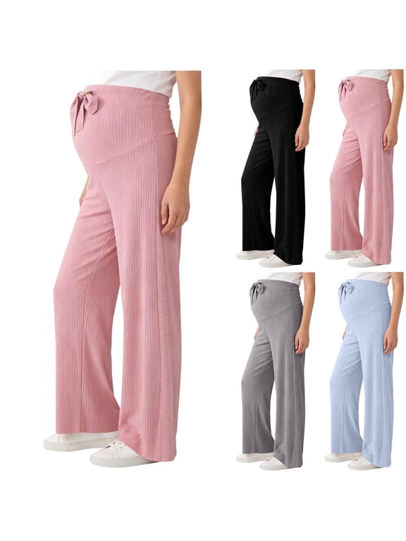 Women's Maternity Pants Over Belly Soft Lounge Palazzo Pants Solid Ice Silk Wide Leg Pregnancy Trousers with Pockets