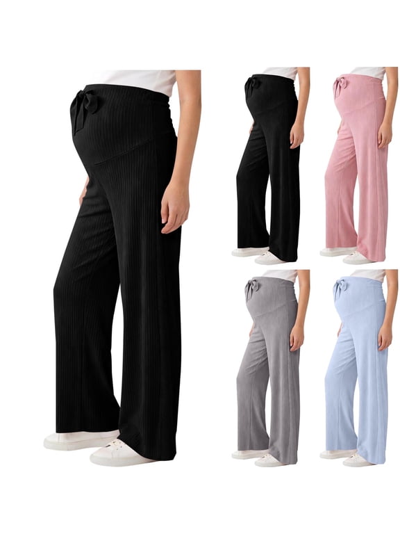 Women's Maternity Pants Over Belly Soft Lounge Palazzo Pants Solid Ice Silk Wide Leg Pregnancy Trousers with Pockets