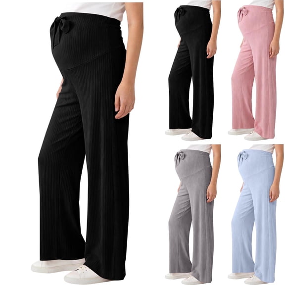 Frostluinai Women's Maternity Pants Over Belly Soft Lounge Palazzo Pants Solid Ice Silk Wide Leg Pregnancy Trousers with Pockets