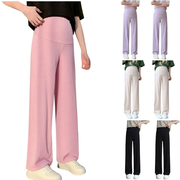 Frostluinai Women's Maternity Straight Wide Leg Pants Over The Belly Comfy Palazzo Lounge Pants Solid Stretch Pregnancy Trousers