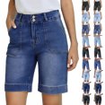 thumbnail image 1 of Frostluinai Women's Medium Stretch Slim-Fit High-Rise 9" Bermuda Jean Shorts Roll Cuff Bermuda Denim Shorts Distressed Washed Knee Length Shorts with Pocket, 1 of 10