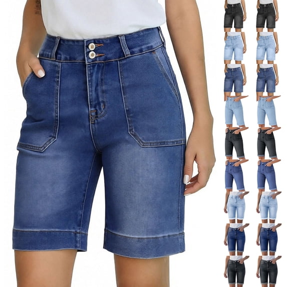Frostluinai Women's Medium Stretch Slim-Fit High-Rise 9" Bermuda Jean Shorts Roll Cuff Bermuda Denim Shorts Distressed Washed Knee Length Shorts with Pocket