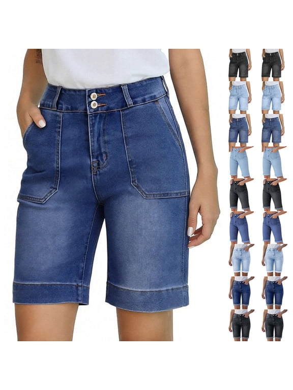 Women's Medium Stretch Slim-Fit High-Rise 9" Bermuda Jean Shorts Roll Cuff Bermuda Denim Shorts Distressed Washed Knee Length Shorts with Pocket