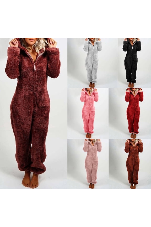 Women's Onesie Pajamas Sherpa Plush Hooded Romper Cozy Winter Sleepwear Holiday Party One Piece PJs for Plus Size Ladies