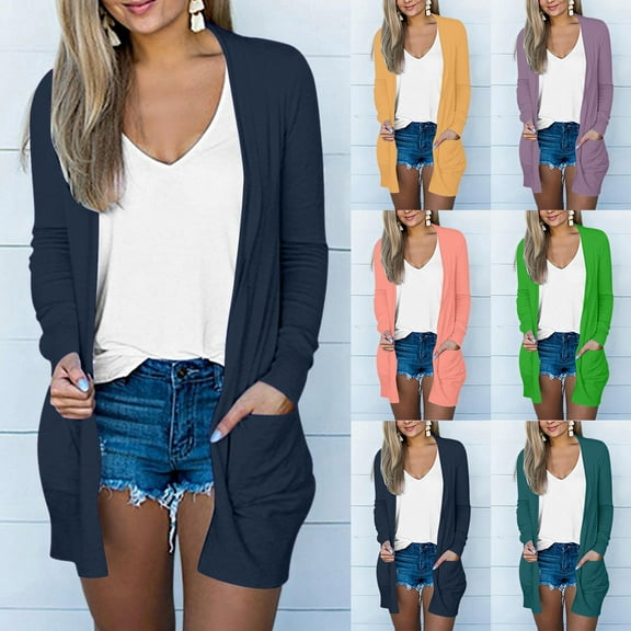 Frostluinai Women's Open Front Cardigan Loose Casual Long Sleeve Lightweight Cardigan Sweaters Duster Solid Draped Cardigans with Pockets