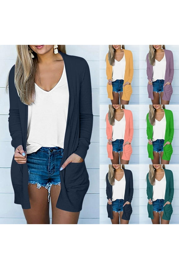 Women's Open Front Cardigan Loose Casual Long Sleeve Lightweight Cardigan Sweaters Duster Solid Draped Cardigans with Pockets