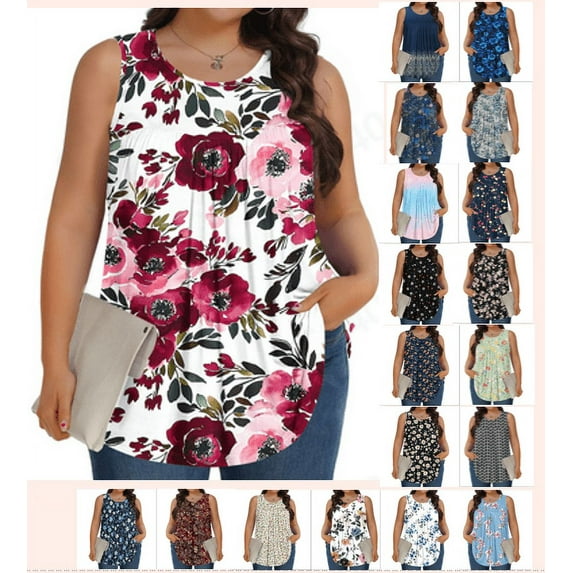 Frostluinai Women's Plus Size Floral Tank Tops Crew Neck Sleeveless Flowy Tanks Casual Boho Pleated Tanks Loose Fit Tunics Gifts