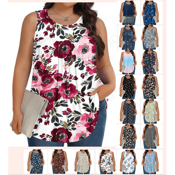 Frostluinai Women's Plus Size Tank Tops Sleeveless Crew Neck Boho Tanks Casual Floral Print Tanks Retro Going Out Tanks Summer Pleated Tanks
