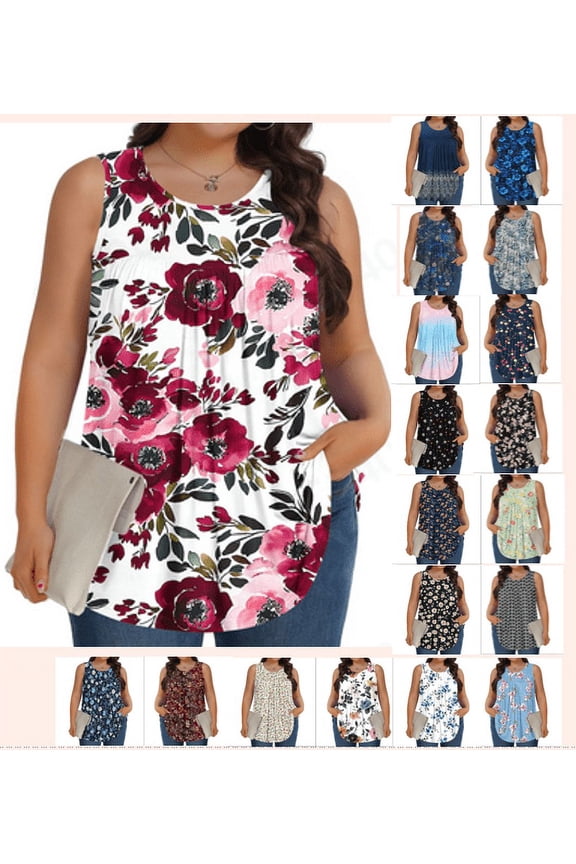 Women's Plus Size Tank Tops Sleeveless Floral Tanks Crwe Neck Boho Pleated Tunics Lightweight Summer Tanks Gifts