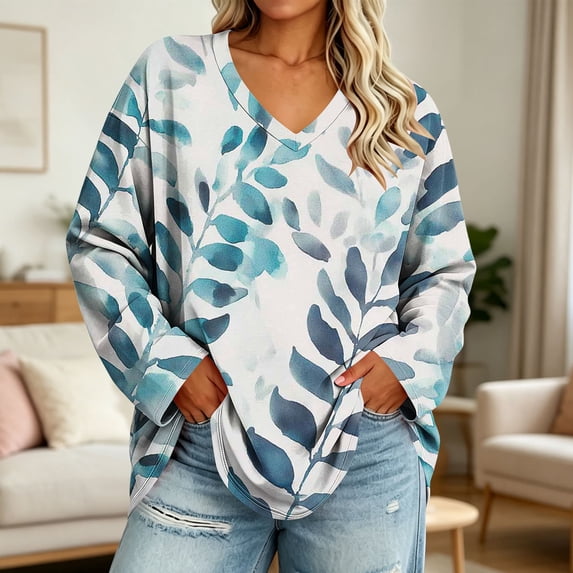 Frostluinai Women's Plus Size V Neck Tshirts Casual Loose Long Sleeve Tops L-5XL Casual Floral Print Fall Fashion Clothing Loose Fit Blouse