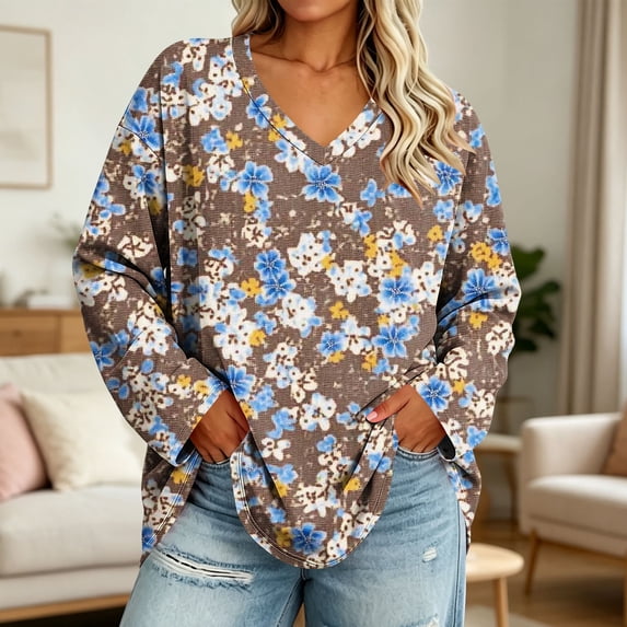 Frostluinai Women's Plus Size V Neck Tshirts Casual Loose Long Sleeve Tops L-5XL Casual Floral Print Fall Fashion Clothing Loose Fit Blouse