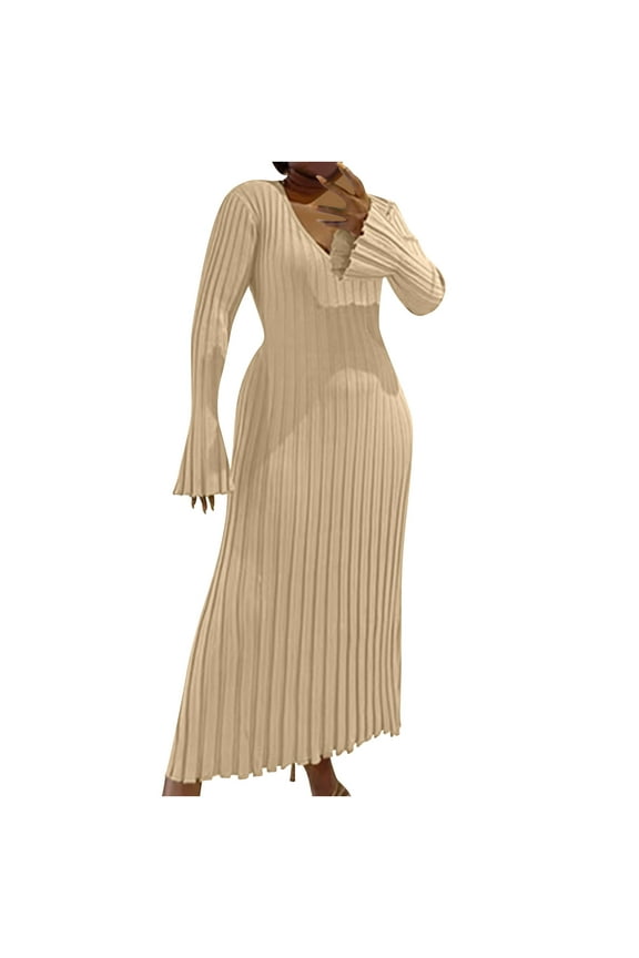 Women's Ribbed Knit Sweater Dress V Neck Slim Fit Bodycon Maxi Dress Bell Long Sleeve Casual Pleated A Line Dress Solid Knit Dress