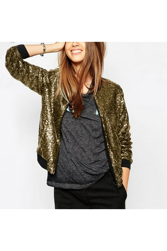 Women's Sequined Bomber Jackets Full Zip Casual Jackets Long Sleeve Sparkly Coats Lightweight Night Club Coats with Pocket