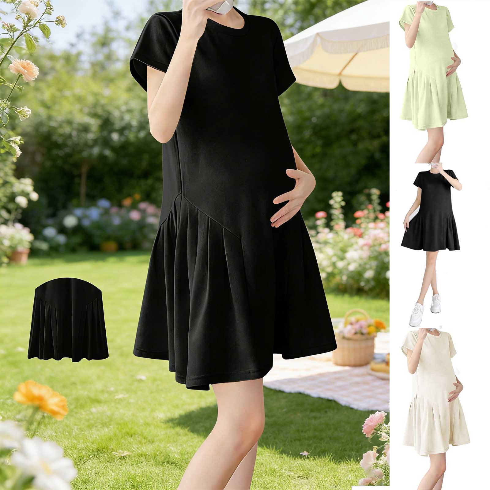 Women's Short Sleeve Maternity Dress Crew Neck Pleated Knee Length Dresses Pregnancy Clothes for Travel Vacation Black XXL